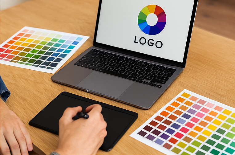 proceso de diseño de logo e identidad visual con paletas de color